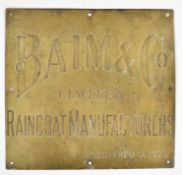 Large brass company name plate / advertising plaque for Baim & Co Limited, Raincoat Manufacturers,