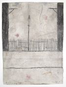 Manner of Laurence Stephen Lowry (1887 - 1976) lamp and railings between buildings, bearing