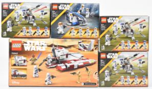 Five Lego Star wars sets comprising Republic Fighter Tank 75342, 332nd Ashoka's Clone Trooper Battle