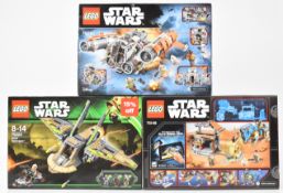 Three Lego Star Wars sets comprising Jakku Quadjumper 75178, HH-87 Starhopper 75024 and Encounter on