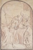 Old Master school pen and ink drawing blessing of a saint, named Tibaldi to lower edge, possibly