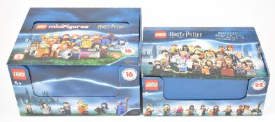 Two boxes of Lego Harry Potter minifigures comprising series 2 and Fantastic Beasts, each box