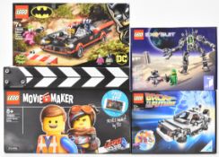 Four Lego sets comprising Batman Classic TV Series Batmobile 76188, Back to the Future DeLorean Time