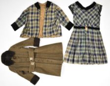 Edwardian girl's tartan dress and jacket with velvet trim and a green woollen overcoat