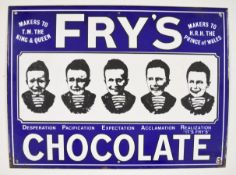 Fry's Five Boys Chocolate enamel confectionary advertising sign in white on blue ground, 37.5 x