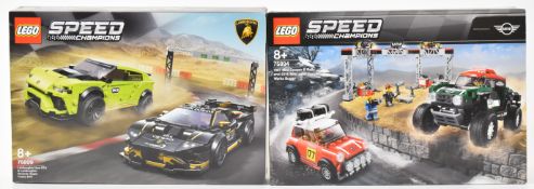 Two Lego Speed Champions racing car sets comprising Lamborghini Urus ST-X with Trofeo Evo 76899