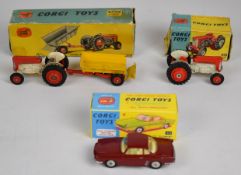 Two Corgi Toys diecast model Massey Ferguson tractors together with a Renault Floride, in original