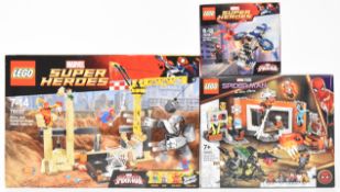 Three Lego Marvel Spider-Man sets comprising Rhino and Sandman Super Villain Team-up 76037, At the