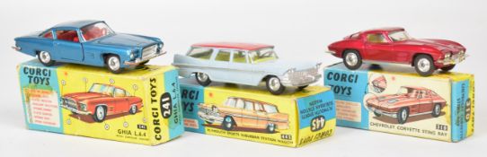 Three Corgi Toys diecast model cars comprising Ghia 6.4 241, Chevrolet Corvette Sting Ray 310 and