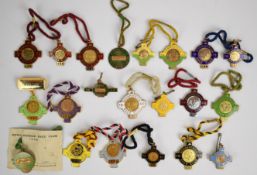 Twenty one Downpatrick Race Club metal and enamel horse racing badges including one 'Steward'