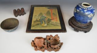 Chinese prunus blossom ginger jar, hardwood stand, soapstone figure, enamelled bowl, Japanese