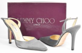 Jimmy Choo 'Marina Grey' satin high heel shoes, in original box with 'Saks Fifth Avenue' sales