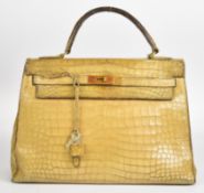 Hermès Paris vintage designer natural crocodile skin 'Kelly' handbag with original padlock, keys and