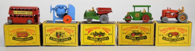 Five Matchbox Moko Lesney diecast model cars comprising numbers 1-5, all in original boxes.
