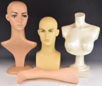 Three vintage shop display / haberdashery busts, and a lower leg display manufactured by J.A.L