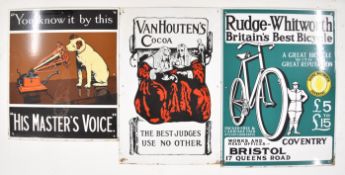 Three enamel advertising signs comprising Van Houten's Cocoa, 'His Master's Voice' HMV and Rudge-