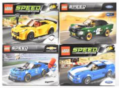Four Lego Champions racing car sets comprising Ford Mustang GT 75871, Chevrolet Camaro ZL1 Race