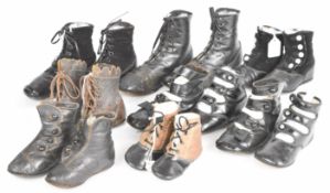 Eight pairs of Victorian / Edwardian children's leather boots, some possibly earlier with no left or