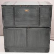 Campaign / captain's metal bound twin handled secretaire on cupboard, with screw fittings to fix