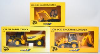 Three Britains 1:32 scale diecast model construction vehicles comprising 718 Dump Truck, 3CX Backhoe