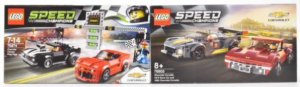 Two Lego Speed Champions Chevrolet racing car sets 75874 and 76903, in sealed boxes.