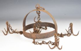Georgian wrought iron crown game / meat rack or hooks with suspension loop, probably for use in a
