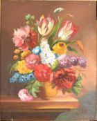 Oil on canvas laid on board, still life of flowers signed possibly Janc lower right, 25 x 20cm, in