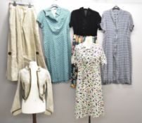 Four vintage 1940 / 50s dresses, jacket and skirt with piped decoration, would suit re-enactment,