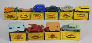 Ten Matchbox Moko Lesney diecast model cars comprising numbers 9, 23, 25, 27, 28, 29, 30, 31, 33 and
