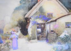 David Woodcock (1842-1929) watercolour lady in a garden in bloom with cottage, signed and dated 1905