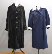 Two vintage circa 1940s ladies coats, black velvet and a woollen navy blue example with white