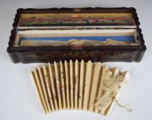 Chinese lacquer fan box with gilded decoration, hand painted watercolour panel to lid, lift out