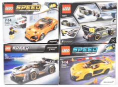 Four Lego Speed Champions racing car sets comprising Mercedes-AMG GT3 75877, McLaren 720S 75880,