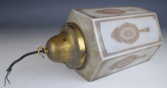 Art Deco or similar engraved hexagonal glass electric hanging light, H44cm