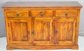 Contemporary hardwood sideboard with metal mounts, three drawers and cupboards, W150 x D45 x H90cm