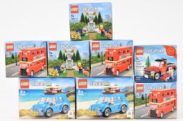 Eight Lego Creator sets comprising Christmas Tree Truck 40083, two Fountain 40221, two Volkswagen