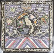 19thC Korean embroidered rank badge with bird, bats, flora and chevron decoration, 29 x 29cm
