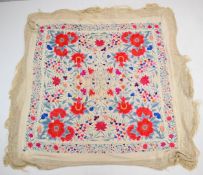 19th / 20thC Chinese embroidered shawl with vibrant floral decoration