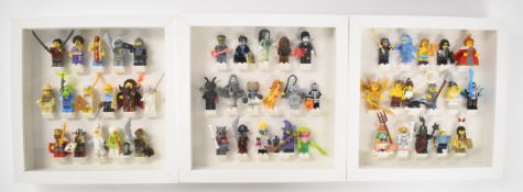 Three Lego minifigure sets comprising series 13, 14 and 15, complete in custom display frames, 25
