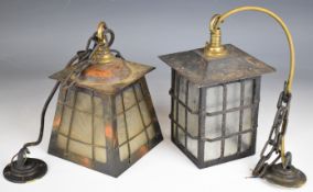 Two Arts and Crafts or similar metal electric hanging lights, tallest 23cm