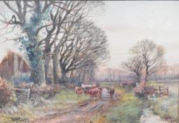 Henry Charles Fox (1855-1929) watercolour Changing Pastures, cattle being driven along a lane with