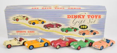 Dinky Toys diecast model sports cars Gift Set 149, comprising cars MG Midget, Austin Healey, Sunbeam