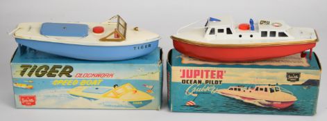 Two Sutcliffe Models tinplate clockwork boats comprising 'Jupiter' Ocean Pilot and Tiger