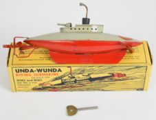 Sutcliffe Models tinplate clockwork Unda-Wunda submarine, in original box with key.