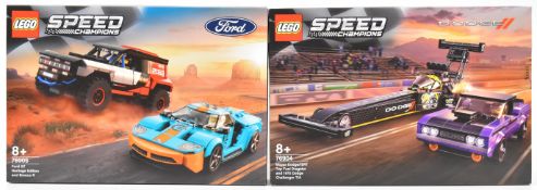 Two Lego Speed Champions racing car sets comprising Ford GT Heritage Edition with Bronco R 76905 and