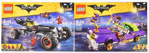 Two Lego The Batman Movie sets comprising The Batmobile 70905 and The Joker's Notorious Lowrider