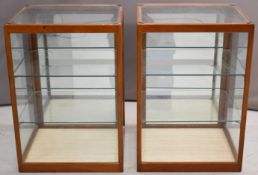Pair of haberdashery shop display glazed mahogany counter top display cabinets with two glass