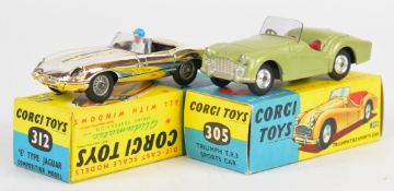 Two Corgi Toys diecast model sports cars comprising Triumph TR3 305 and E Type Jaguar Competition