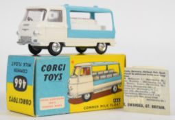Corgi Toys diecast model Commer Milk Float with blue/white body, red interior and silver hubs,