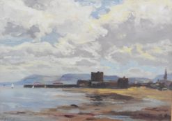 Frederick William Hull (1867-1953) oil on board coastal landscape with town and sailing boats,